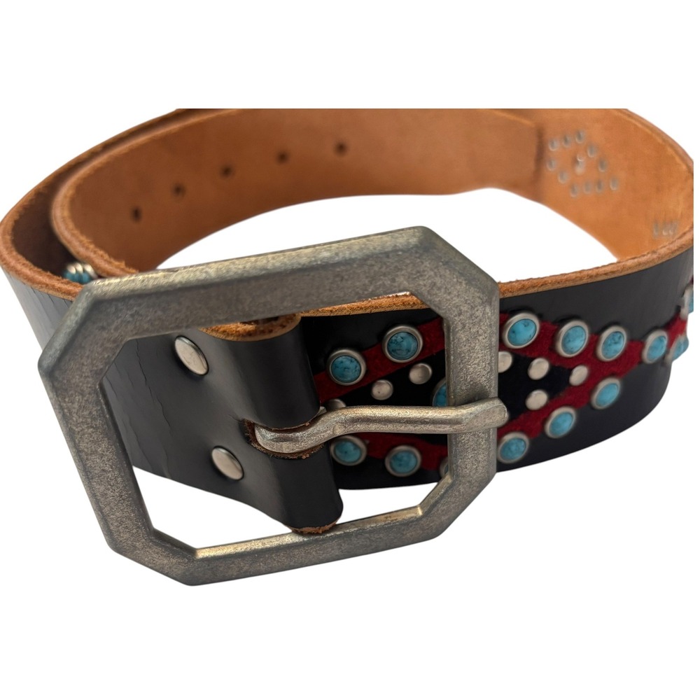 Black Leather Western Belt Turquoise Studded Diamond Inlay BW004 Size 34